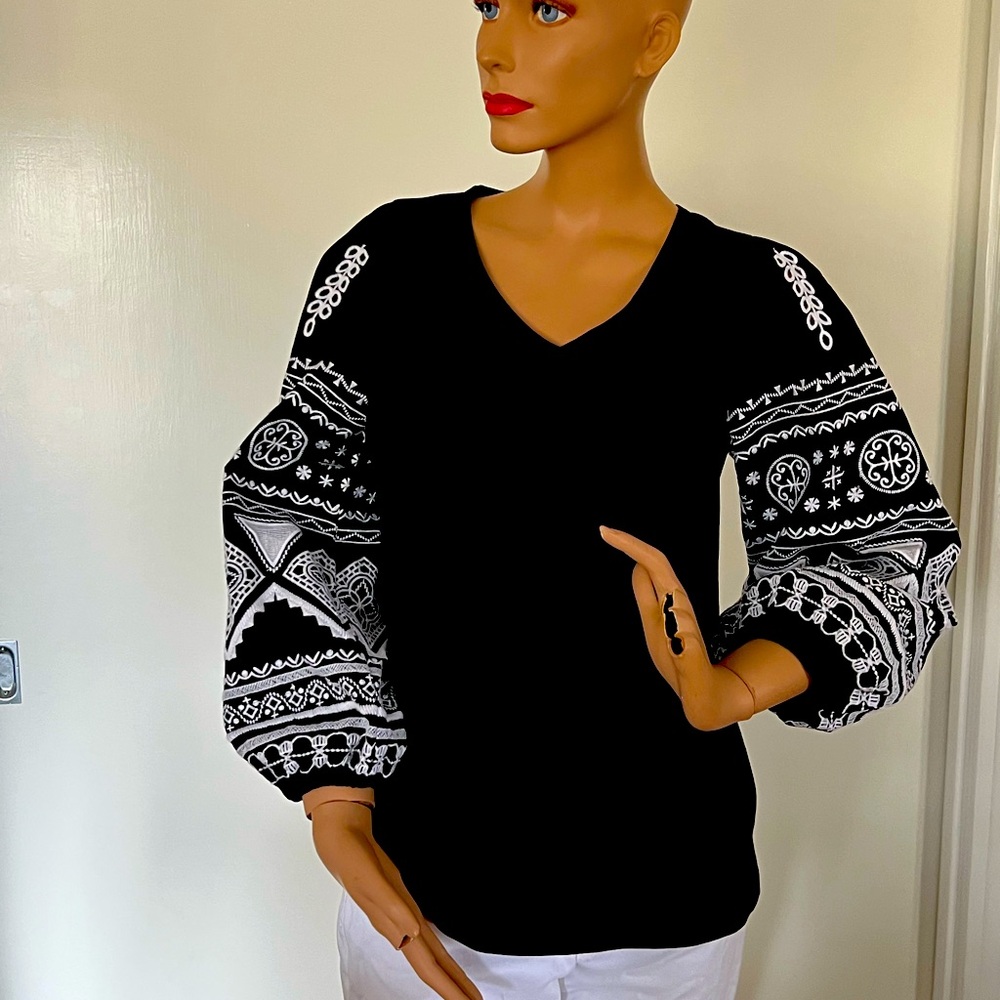 Black Knit V-Neck Tee with Beautifully Embroidered Long Sleeves by Chicos.